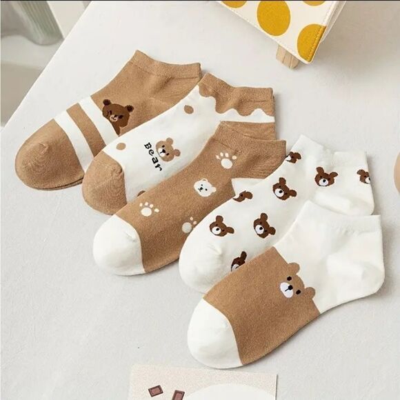 3 for $26 - Socks 5 pair Teddy Bear Pattern Ankle Socks - Picture 1 of 4